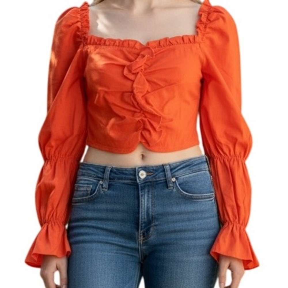 PRETTYLITTLETHING Coral Woven Frill Stretch Ruched L/S Top NWT Size‎ 8